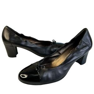 AGL Black Leather Bow Cap Toe Block Heel Pumps Shoes Size 40 / Size 10